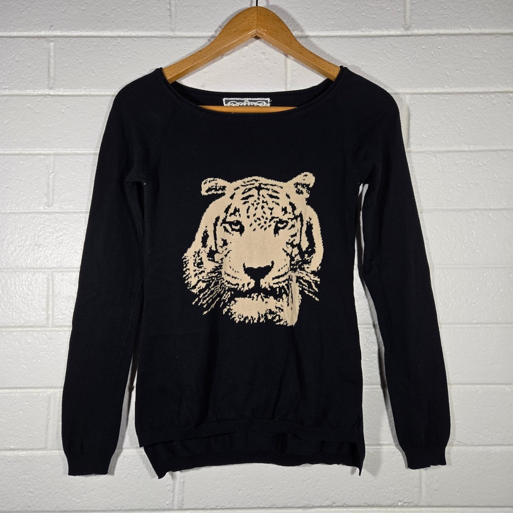 Pink Martini Novelty Tiger Graphic Knit Sweater Cotton Blend Small Goth Preppy